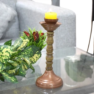 Handmade Bronze Color Coated Iron & Wood Traditional Pillar Candle Holder BBH - Picture 1 of 7