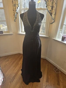 NIKI by Niki Livas Black Dress With Gems Halter Backless Formal Sz 8 Stunning! - Picture 1 of 9