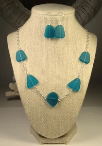 TEAL Cultured sea glass jewelry set 20" + 2 in ext. necklace, 1" earrings - Picture 1 of 6
