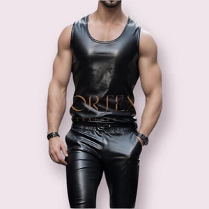 Gay Men's Black Sleeveless Leather TOP Genuine Lambskin Leather Gay TOP LGBT - Picture 1 of 2