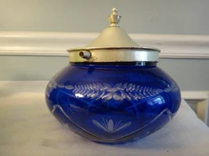 Cobalt Cut to Clear Bohemian Crystal Covered Tureen Silver Lid Flowers & Stars  - Picture 1 of 6