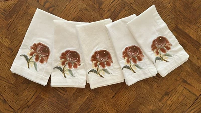 Pottery Barn Napkins 5 White Cotton Floral Embroidered 20x20-in Square  Autumn - Image 1 of 4
