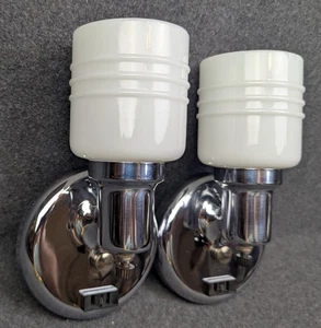 Restored 1930's Chrome & Opal Glass Bathroom Sconces, Art Deco & MCM, Rewired - Picture 1 of 12