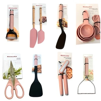 KitchenAid Lot of 8 Pink Can Opener Masher Measuring Cups Turner Spatula Shears  - Image 1 of 4