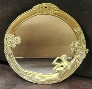Vintage Art Nouveau Style Round Brass Wall Mirror, Woman in Relief, FREE SHIP! - Picture 1 of 7