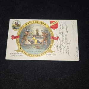 1907 JAMESTOWN EXPO WINGO ELLETT & CRUMP SHOE AD POSTCARD RICHMOND VA POCAHONTAS - Picture 1 of 4