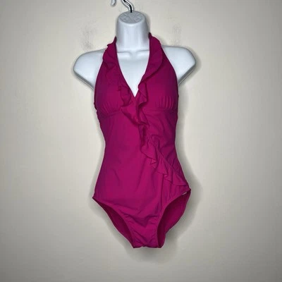 Traje de baño Assets By Spanx de una pieza para mujer pequeño rosa con volantes adelgazante Foto 1 de 4