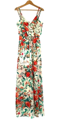 Vestido GUESS Maxi Estampa Floral Decote V Sem Mangas Tiras Fenda Chiffon Tamanho G - Imagem 1 de 4