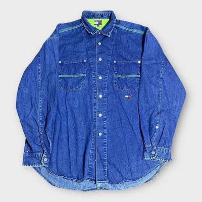 Camisa vaquera vintage Tommy Hilfiger para hombre X-grande azul con botones suelta hip hop años 90 Foto 1 de 4