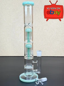 15” Double Perc Glass Bong – Green Thick Water Pipe Hookah w/ 18mm Bowl - Picture 1 of 12
