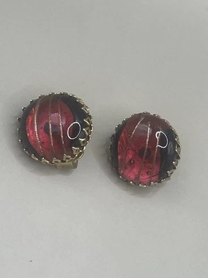 "Aretes con clip redondo Hobe firmado vintage de 0,8"" tono dorado rosa oscuro vidrio" Foto 1 de 4