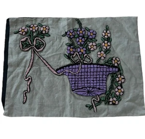 Vintage Punch Needle Pillow Cover Flower Bouquet Wool Or Silk Linen Embroidery - Picture 1 of 7