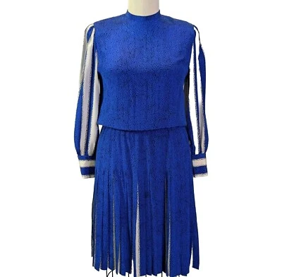 Vestido Blusa Plisada de Seda Adele Simpson Años 80 De Colección Azul Negro Blanco 14 Foto 1 de 4