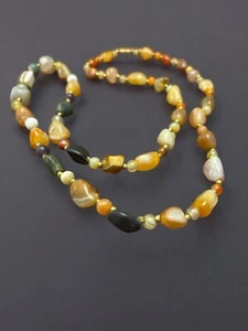 Beggars Beads Necklace Earth-Tone Polished Natural Stone Beaded 18 inch Agate - Picture 1 of 7