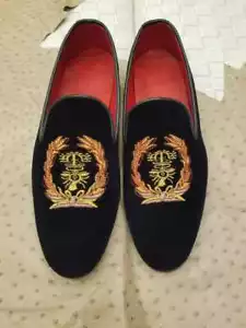 Mens Handmade Shoes Embroidery Loafers Black Velvet Slippers Slip On Party Wear - Picture 1 of 5