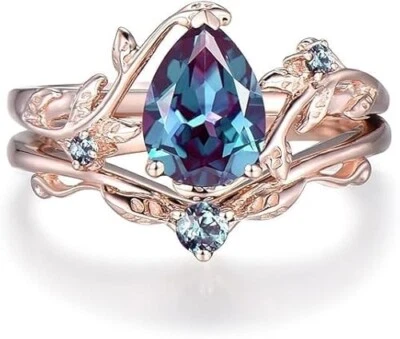 Alexandrite Engagement Ring Set Art Deco Leaf Wedding Ring Set Alexandrite Brida - Image 1 of 4