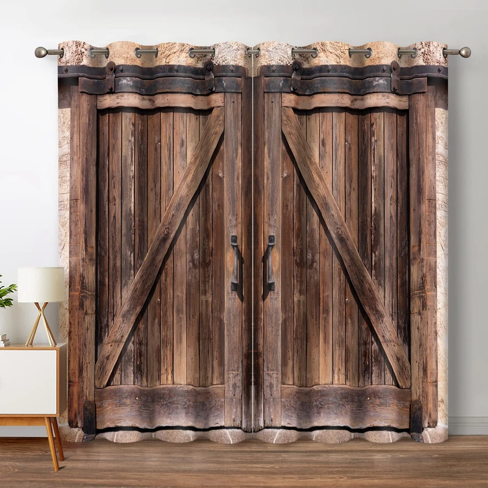 Jekeno Rustic Wood Blackout Curtains Vintage Wooden Barn Door Farmhouse Home ...