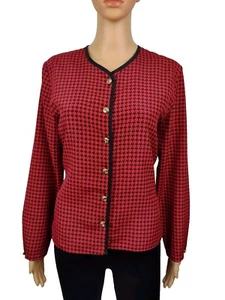 Vintage M&S St Michael Red Houndstooth Golden Buttons Silky Look Blouse Size 12 - Picture 1 of 7