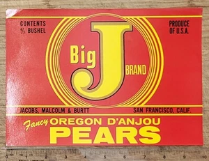 ADVERTISING Label California San Francisco Jacobs Malcolm Burtt Big J Pears - Picture 1 of 1