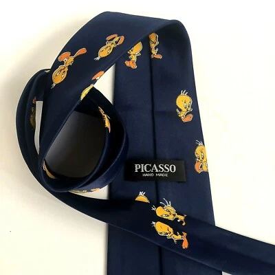 Gravata Picasso feita à mão novidade tweety personagens azul marinho 4" - Imagem 1 de 4