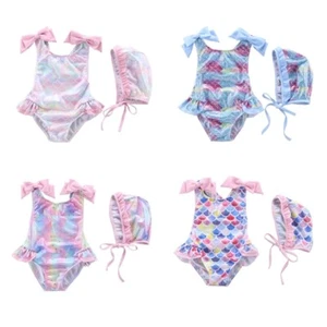 Kids Girls Monokini Swimsuit with Swim Cap Set Rainbow Fish Scale Print Swimwear - Picture 1 of 28