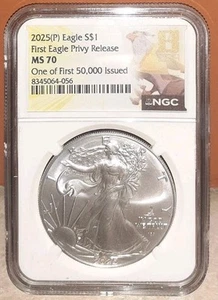 2025 (P) Silver Eagle NGC MS70 First 50,000 Issued Eagle Privy $1 - Picture 1 of 5