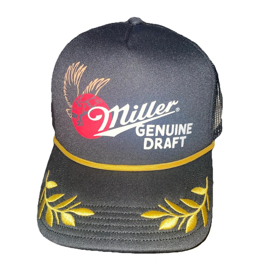 Miller Genuine Draft Beer Hat Trucker Cap Snapback Rope Front Adjustable Black