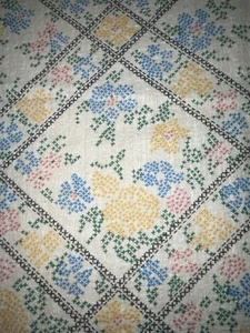 Stamped Linen Fabric 44”x91” Vtg.Floral Pattern Cross Stitch Tablecloth Coverlet - Picture 1 of 10