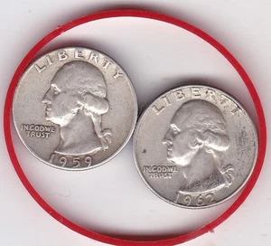 Pair of (90% Silver) Quarters Washington 1959 & 1962 D - Picture 1 of 2