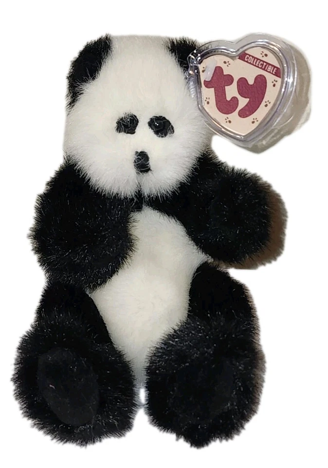 TY Attic Treasure "CHECKERS" the PANDA BEAR #6031 TAN Tag 8" Tall with SWEATER