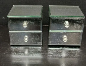 Set Of 2 Mirrored 4" Vanity Jewelry Boxes 2 Drawers Each Beveled W/Crystal Pulls - Picture 1 of 8