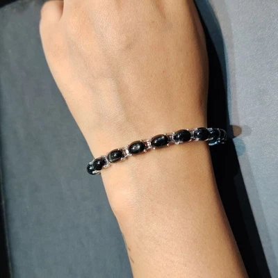 Brazalete Tenis Piedras Preciosas Espinela Negra Natural Plata de Ley 925 J064 Foto 1 de 4