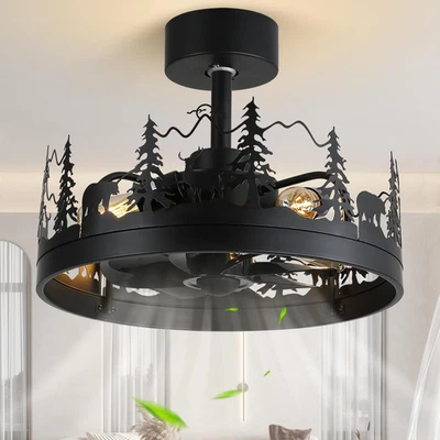 Rustic Ceiling Fans with Lights and Remote, Black Caged Ceiling Fan with Bear an - Image 1 of 4