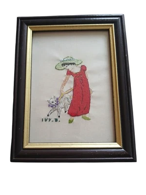 Vintage Embroidered Artwork of Lady with Dog  Framed Signed Ivy-B - Image 1 of 2