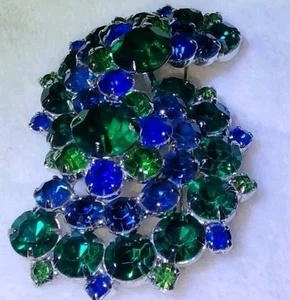 Vintage Blue & Green Floral Cluster Brooch Pin 2.75" Long Excellent Cond. Look - Picture 1 of 17
