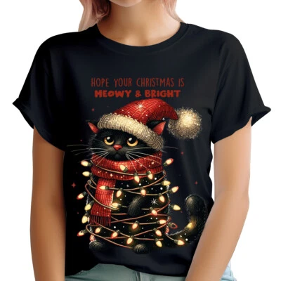 Funny Cat Graphic T-Shirt for Women - Cute Kitten Christmas Tee Unique Cat #MC - Image 1 of 4