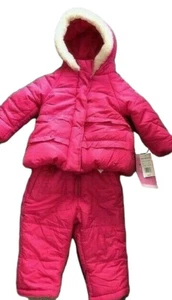 Abrigo de invierno y pantalones de nieve rosa con capucha 2 piezas 12 meses nuevo con etiquetas $90 ribete de piel resistente a la intemperie - Imagen 1 de 13