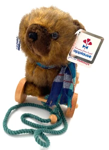 Vintage 1986 Applause Plush Teddy Bear on Wooden Wheels Pull Toy Brown - Picture 1 of 6