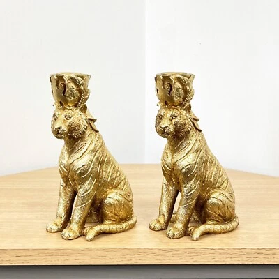 2 x Animal Candle Stick Holders Gold Tiger Ornaments Figurines Vintage Decor - Image 1 of 4
