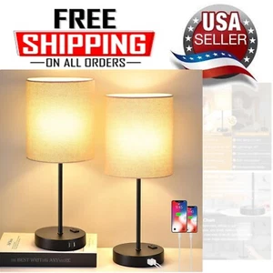 Upgraded】Set of 2 Touch Beige Table Lamps with 2 USB Ports & AC Outlet, 3-Way... - Picture 1 of 10