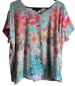 Gloria Vanderbilt Damen V-Ausschnitt Print Top Orange/Aqua mit Glitzer!! 1X - Bild 1 von 5