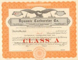 Dynamic Carburetor Company Clase A acciones certificado de acciones no emitidas - Imagen 1 de 1