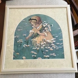 Vtg JESSIE WILCOX SMITH Framed Needlepoint Embroidery "Picking Daisies" 17"x17" - Picture 1 of 14