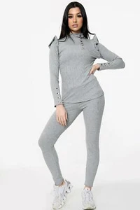 Ruffle Frill Ladies Womens Fine Ribbed Gold Button Top Co ord Lounge Set - Picture 1 of 13