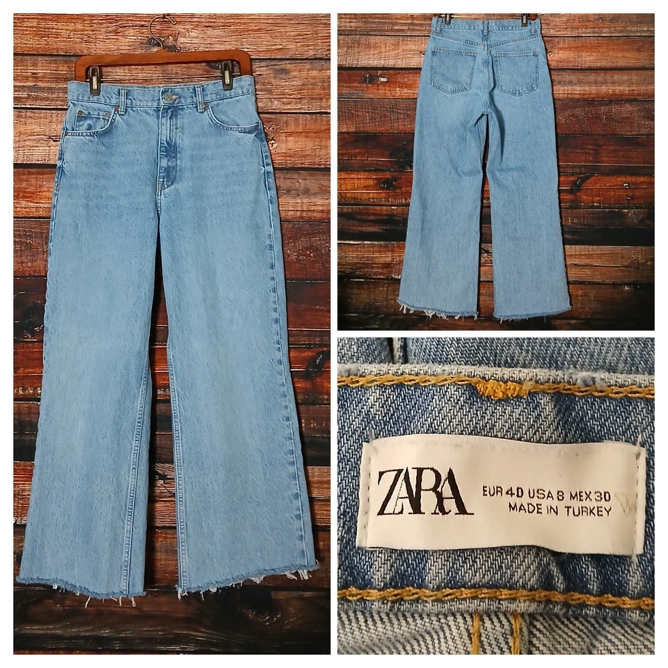 Jeans Zara Talla 8 Tiro Alto Pierna Ancha Corto Tobillo Dobladillo Crudo Azul Denim  Foto 1 de 4