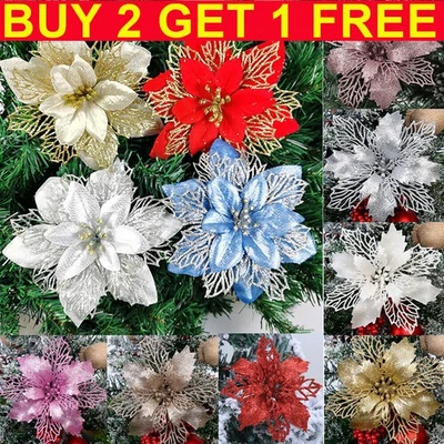 U-SWEETHOME 10X Glitter Artificial Flowers Decor for Home Christmas Wreath Tree Xmas Gift UK