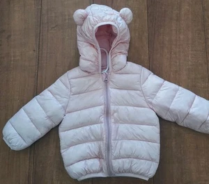 Baby Girl 6-12 Months Pink Zip Up Puff Jacket Coat With Hood And Ears - Picture 1 of 4