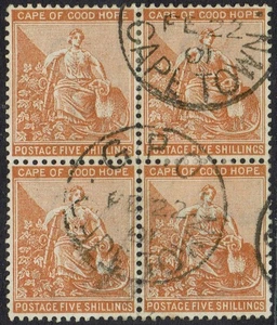 CABO DE BUENA ESPERANZA 1893 ESPERANZA SENTADA 5/- MARRÓN NARANJA BLOQUE WMK ANCLA USADA - Imagen 1 de 2