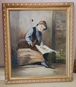 Antique 1903 Oil Painting Boy Reading Newspaper Signed NBM Genre Scene Canvas - Picture 1 of 17