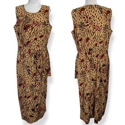 Vintage Kathy Lee Faux Wrap Midi Dress Size 14 Brown Floral Leopard Print Safari - Image 1 of 4